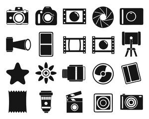 Creative outline icons representing photographic equipment and visual media concepts isolated on transparent background