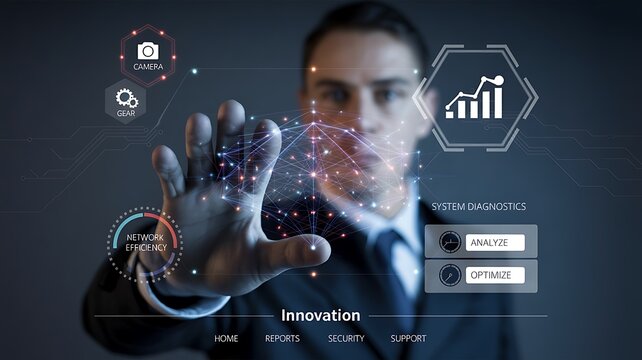 Confident businessman interacts with futuristic digital interface analyzing network efficiency and system diagnostics