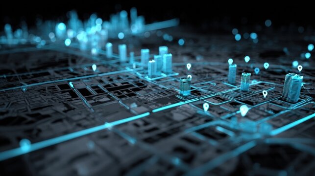 Cityscape Mapping With Glowing Markers Highlights Urban Locations and Pathways at Night - Powered by Adobe