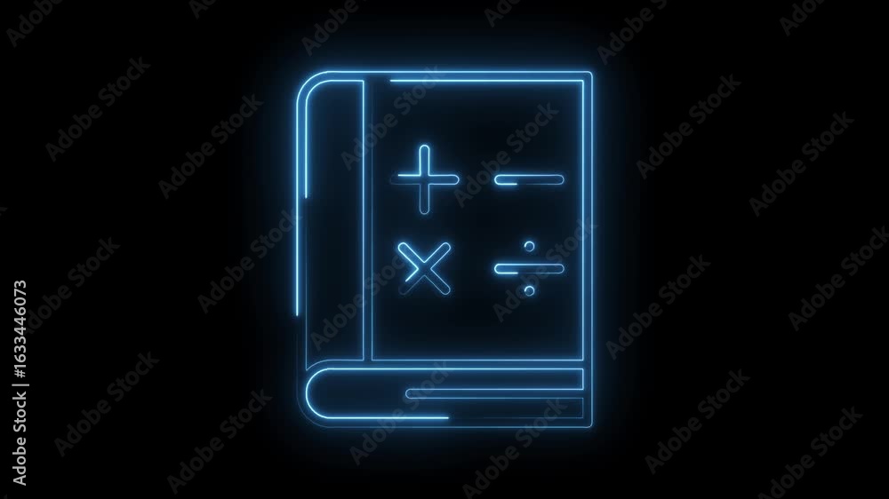Poster glowing blue neon math book icon with plus minus multiply divide symbols isolated on black backgroun