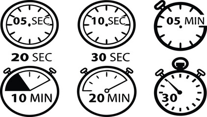 Stopwatch Icons Collection Representing Different Time Intervals and Durations for Various Applications Design and Usage
