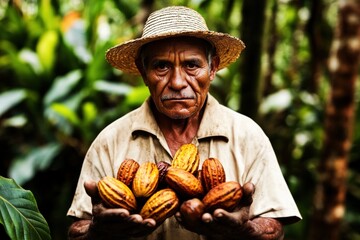 Cocoa farmer harvesting cacao fruit in lush jungle, holding ripe pod picker, man working