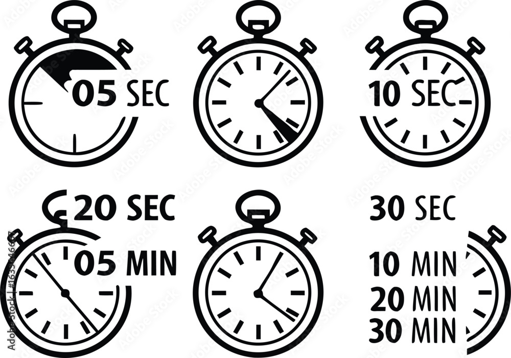 Poster stopwatch time intervals isolated on white background representing countdown durations for infograph