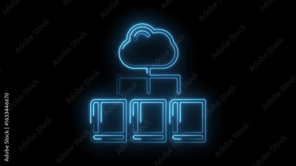 Poster glowing blue neon cloud icon connected to three data blocks on a black background representing cloud