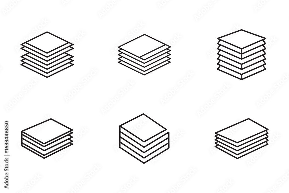 Poster isometric stacks of square layers or paper sheets representation minimalist line art style on white 
