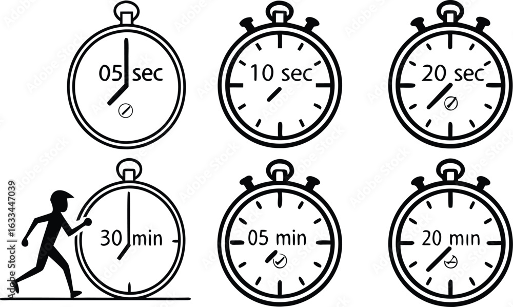 Poster stopwatches showing varying times with a runner pushing against one illustrating time management and
