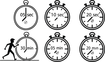 Stopwatches showing varying times with a runner pushing against one illustrating time management and productivity concepts