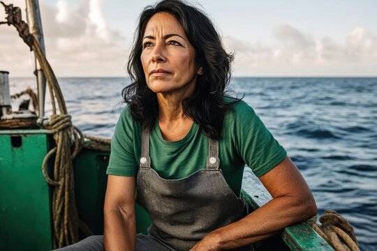 Mexican Woman Working as a Fisher on Small Sea Boat in fisher. seafood