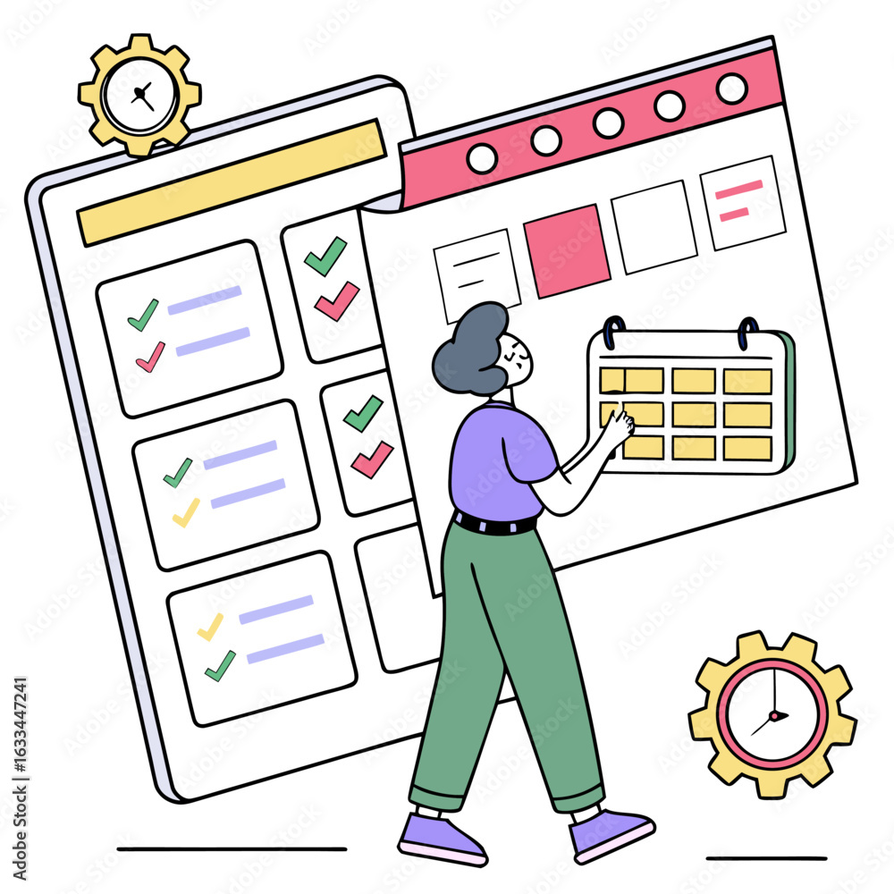 Aufkleber a person interacts with a large calendar and checklist symbolizing effective time management and tas