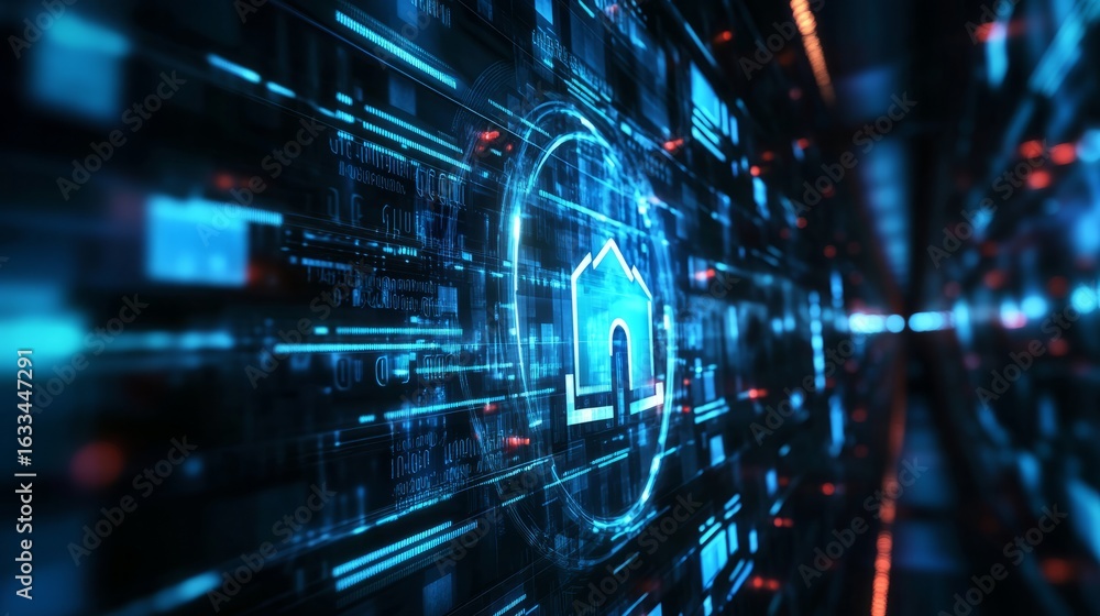 Poster cyber security and data protection concept with futuristic technology interface, network privacy shi