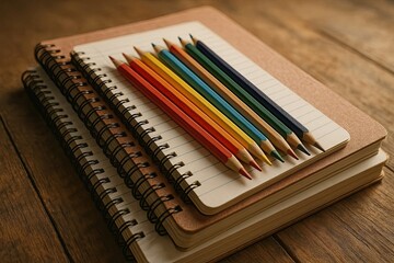 Fototapeta premium Colorful Pencils on Spiral Notebooks Wooden Table Art Supplies Educational Materials Creative Workspace Setup