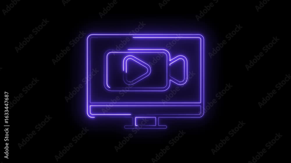 Aufkleber glowing neon purple monitor screen displaying a video play button icon with a subtle pulsing effect 