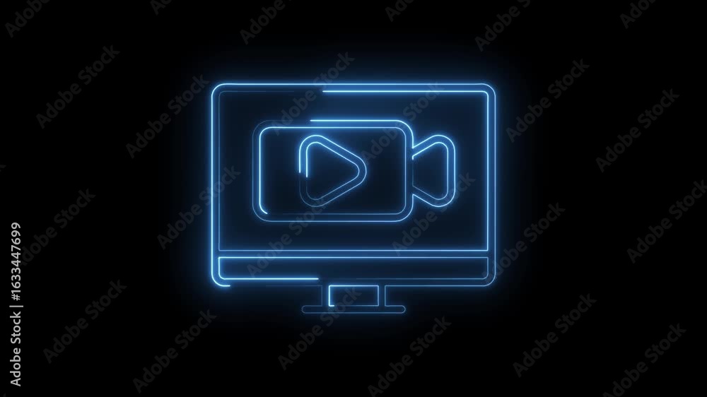 Poster glowing blue neon computer monitor displaying a video play icon and camera symbol on a transparent b