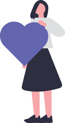 woman in dark clothes holding a large blue heart