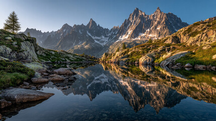 Fototapeta premium Majestic mountain range reflected in a calm lake at sunrise, with clear blue sky and rocky foreground