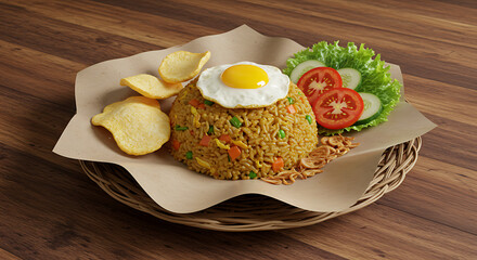 Indonesian Fried Rice (Nasi Goreng) with Egg, Crackers, and Fresh Vegetables