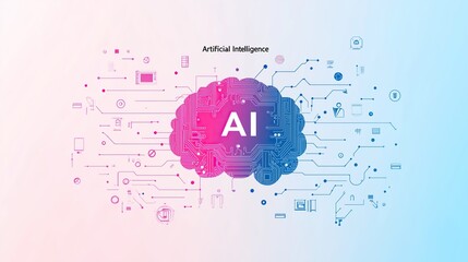 Obraz premium Minimalist AI Brain with Microchips on Pastel Gradient, Abstract Data Flow Tech Logo Design for Branding and Digital Interface