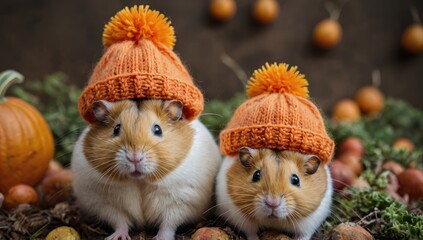 hamsters wearing knitted pumpkin hats