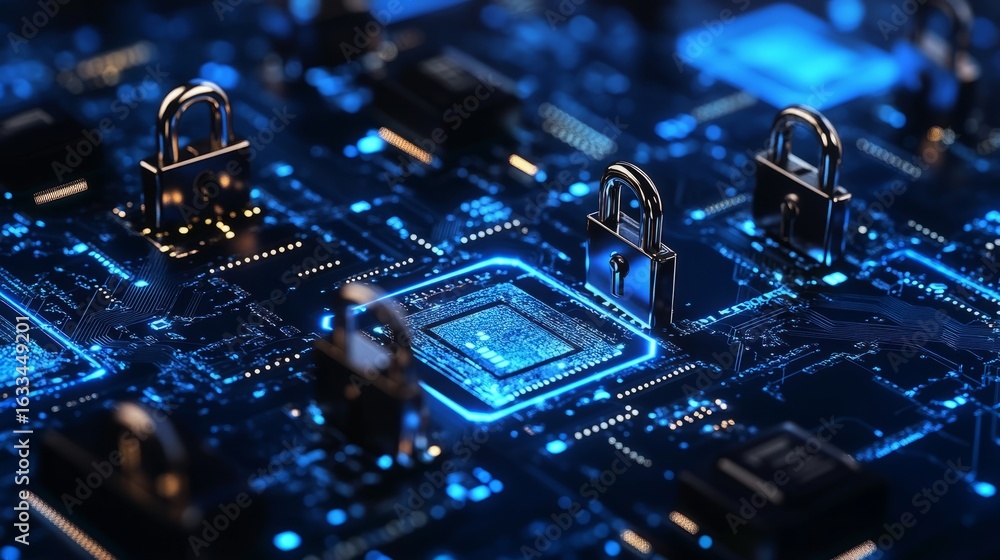 Poster cyber security concept with digital lock on blue integrated circuit board illustrating data protecti