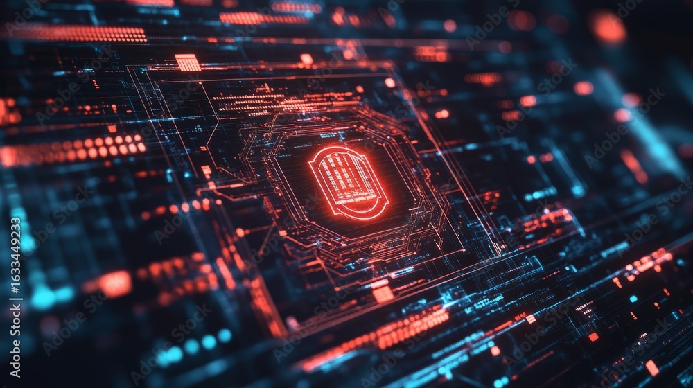 Poster cyber security and data protection concept with futuristic technology interface, network privacy shi