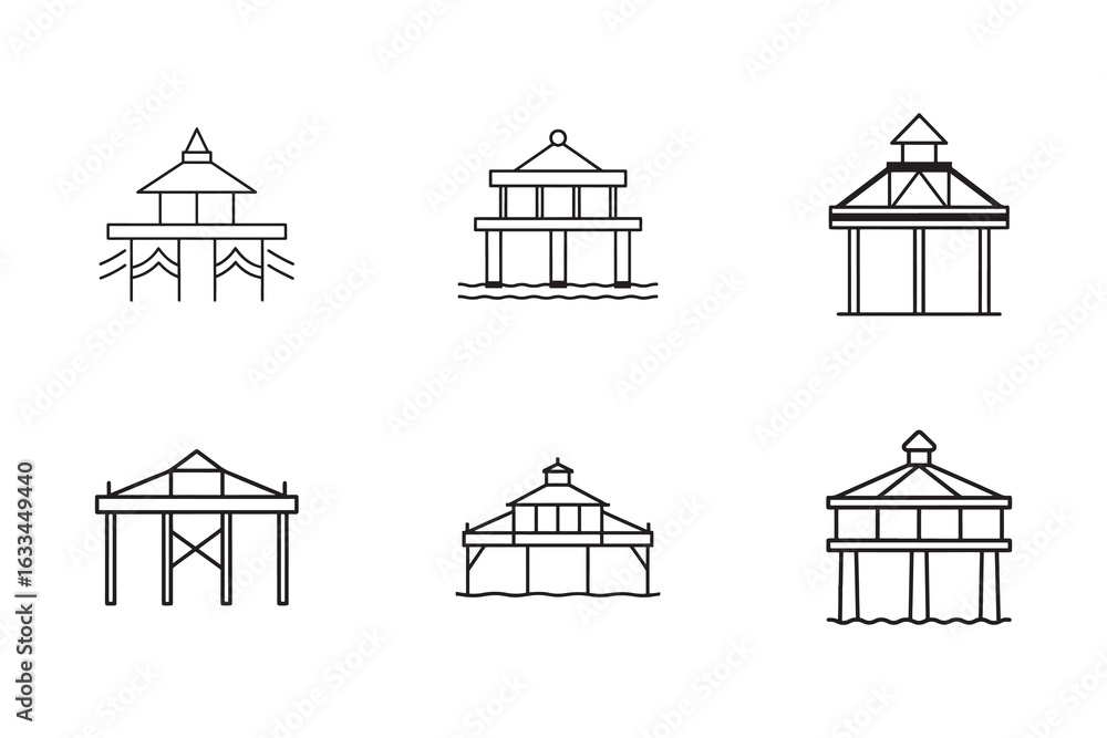Poster line art illustration of iconic water buildings showing different structures and minimalistic approa