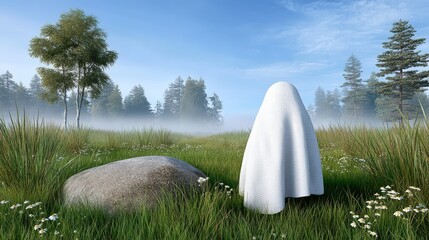 A terrifying ghost in a foggy meadow, glowing wildflowers, dark horizon, central text space