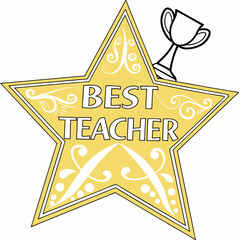Yellow star award with best teacher text and trophy