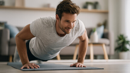 Man exercising with push up on fitness mat indoors, showing strength and focus in bright living room