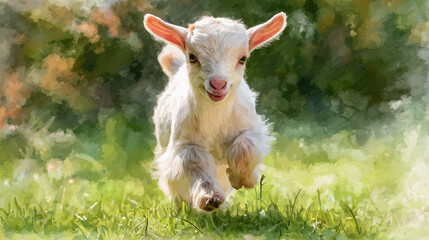 Fototapeta premium Playful young goat kid with white fur joyfully jumps on green grass in bright outdoor setting with blurred natural background