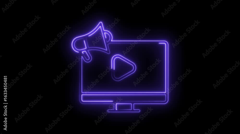 Poster glowing neon megaphone icon broadcasting on computer screen with play button symbol advertising digi