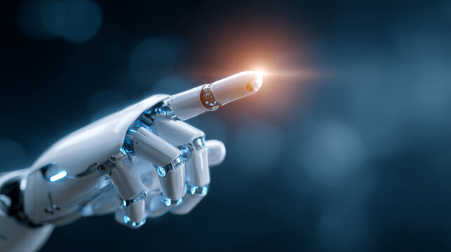 Robot finger pointing with glowing tip in futuristic technology concept with blue background and bokeh light effect