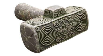 Ancient stone hammer with intricate celtic knot carvings, isolated on transparent background