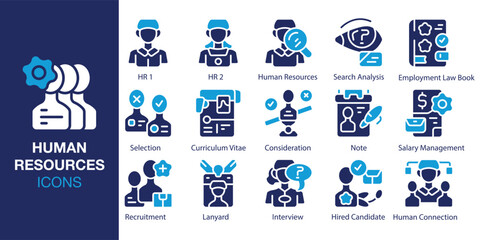 Human Resources icon set. Containing HR 1, HR 2, Human Resources, Search Analysis, Employment Law Book, and Selection and more. Solid vector icons collection. Vector illustration.