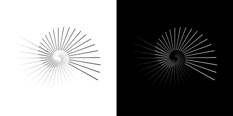 Dynamic abstract spiral sound wave rhythm lines. Circular spiral sound wave rhythm of lines. Circular futuristic abstract lines, black and white background.	
