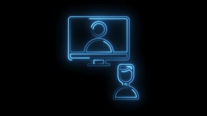 Glowing blue neon user icon on computer screen and person symbol isolated on black background futuristic