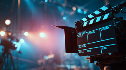 Movie clapperboard on camera with colorful stage lights in background creating cinematic atmosphere and focus