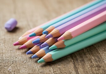 木目調背景の淡色色鉛筆