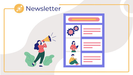 Digital newsletter announcement with megaphone and team collaboration illustration