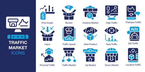 Traffic Market icon set. Containing Price Graph, Review, Analysis Market, High Traffic, Pratinjau Traffic, Input and more. Solid vector icons collection. Vector illustration.