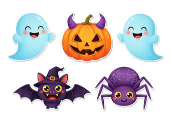 Cute halloween characters pumpkin ghost spider bat isolated on transparent background