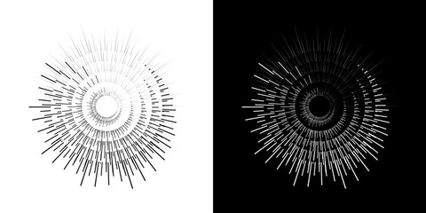Dynamic abstract spiral sound wave rhythm lines. Circular spiral sound wave rhythm of lines. Circular futuristic abstract lines, black and white background.	
