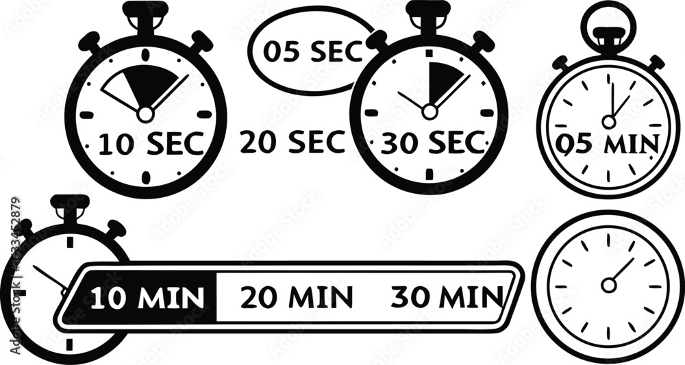 Poster timer stopwatch icons set illustration vector graphic time management elements collection minimalist
