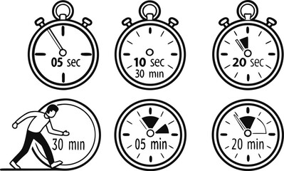 Time Management and Timing Concepts in Seconds and Minutes Black and White Illustration