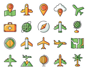 A stylized flat design icon featuring a prominent globe with a sleek airplane soaring around it presented isolated on transparent background