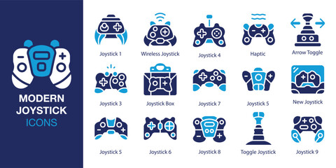 Modern Joystick icon set. Containing Joystick 1, Wireless Joystick, Joystick 4, Haptic, Arrow Toggle, and Joystick 3 and more. Solid vector icons collection. Vector illustration.
