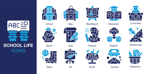 School Life icon set. Containing School, Bag, Blackboard, Education, Lunch Box, Alarm and more. Solid vector icons collection. Vector illustration.