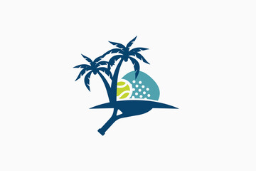 Padel logo template with a combination of a racket, ball, and palm trees on the beach. Perfect for clubs, courts, padel shops, apparel, etc.