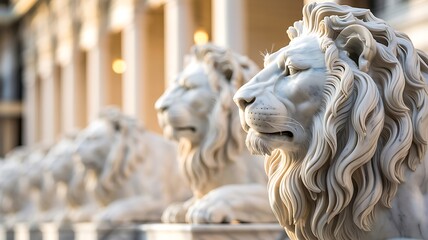 Naklejka premium Majestic marble lion statues guarding historic architecture under warm golden sunlight