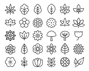 A comprehensive collection of botanical line art symbols featuring diverse plant species and natural elements isolated on transparent background