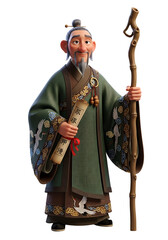 Obraz premium A cartoon-style elderly man in traditional green robes holds a scroll and a wooden staff, standing against a white background.
